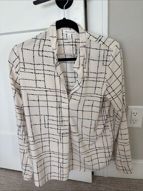 Prologue Cream and Black Grid-Print Button Front Blouse